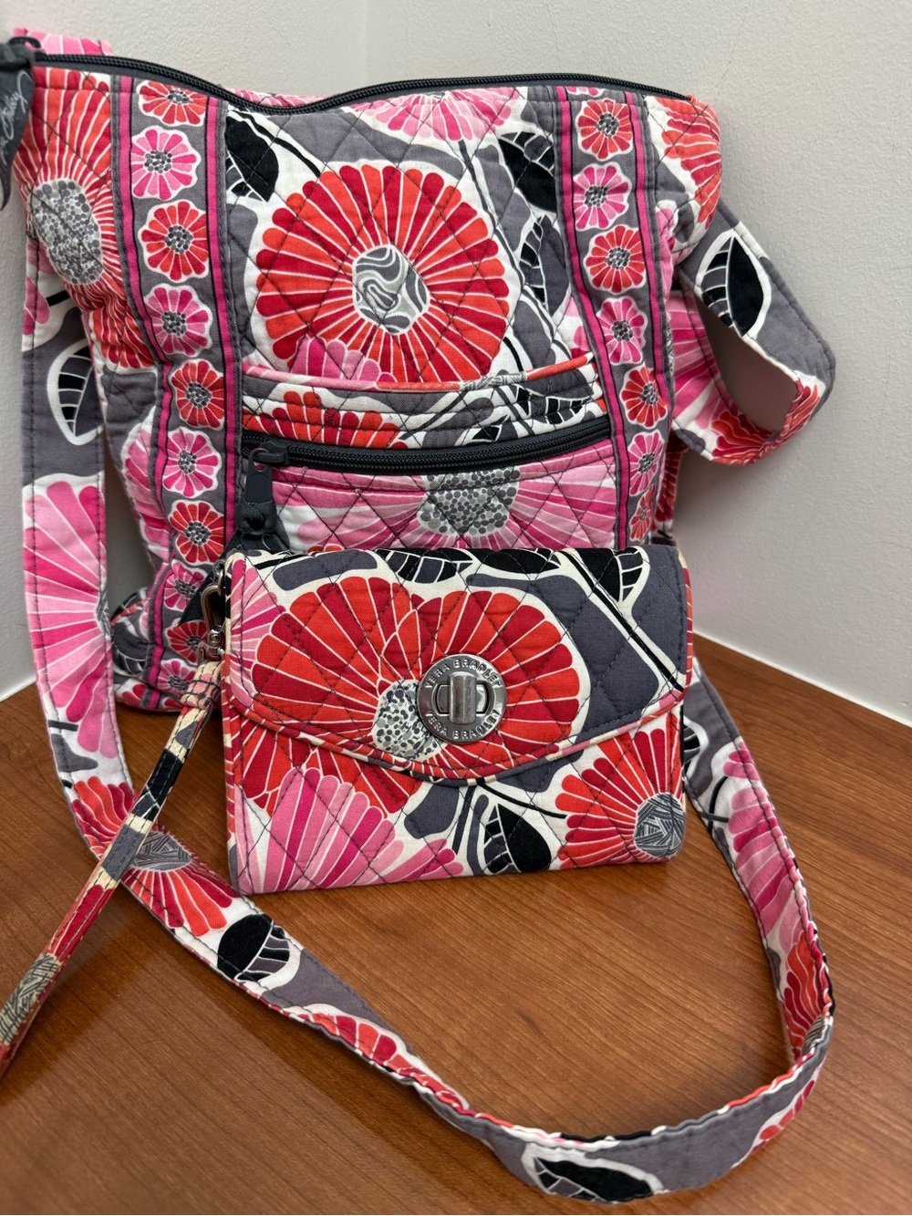 Vera Bradley Cherry Blossoms  Crossbody Purse Pink Gray Retire /Wristlet Bundle